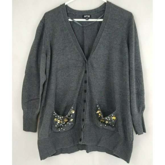 Apt. 9 Sweaters - Apt.9 Womens Gray Button Up Cardigan With Rhinestone Embellished Pockets Size XL